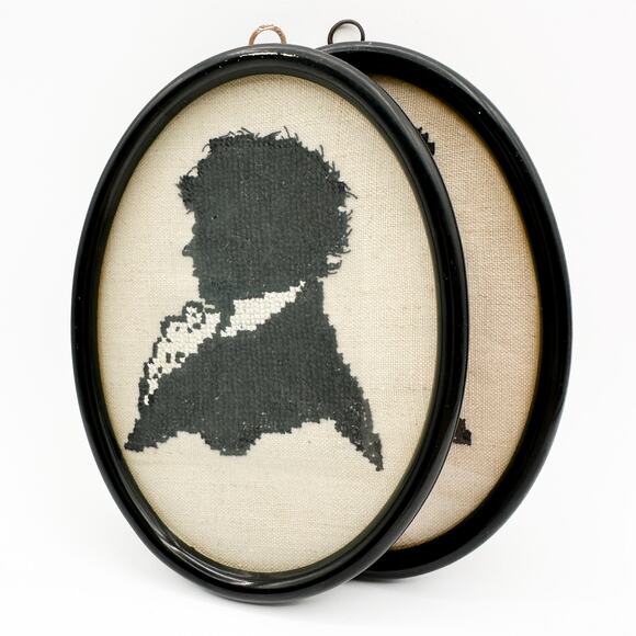 Antique Silhouette Oval Needlepoint Side Profile Portraits Regency Framed Pair - Picture 6 of 13